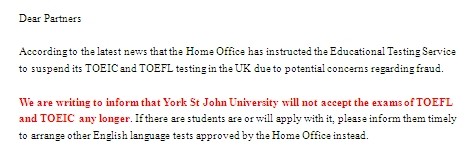 York St John University暂时不认可托福成绩